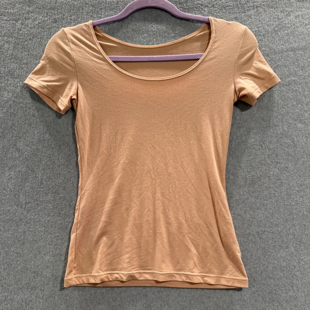 Uniqlo Heattech Womens Small Beige Short Sleeve Scoop Neck Thermal Top